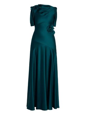 Erdem flower-appliqué satin dress - women - Acetate/Viscose/Silk - 8 - Green