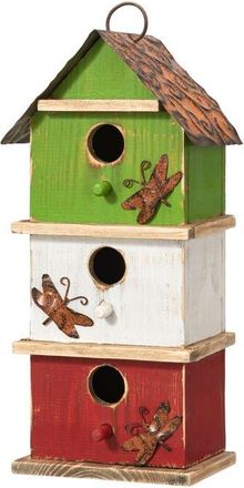 Glitzhome 13.75H Multicolored Three-Tiered Distressed Solid Wood Birdhouse in Green at Nordstrom, Size Medium