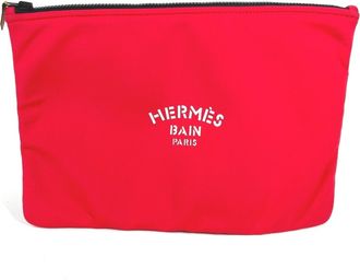 Herm&egrave;s Red Color White Polyamide Clutch Bag Pouch (Pre-Owned)