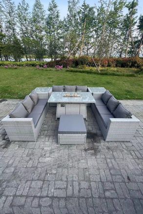 Fimous Light Grey U Shape Lounge Sofa Dining Set Gas Heater Fire pit Burner 2 PC Tea Table Footstool