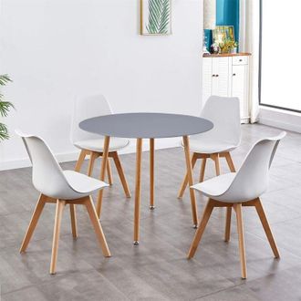 Kosy Koala Kosy Koala - Dining Table and 4 Chairs Grey Round Wood Table 4 White Plastic Leather Chairs Dining Room Furniture