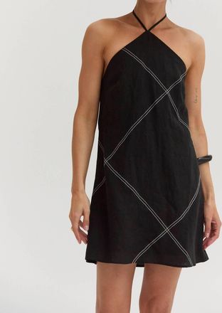 Crescent Lena Contrast Stitch Halter Mini Dress In Black