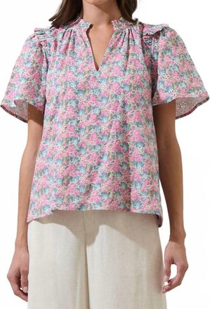 Sugarlips Gemalee Eyelet Mei Split Neck Top In Pink Green