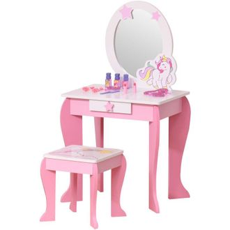 HOMCOM Specchiera Giocattolo Toeletta con Cassetto e Sgabello Bimbe 3-6 Anni