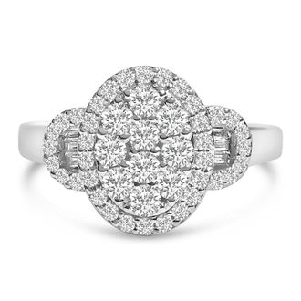 House of Brilliance 10K White Gold 1.0 Cttw Diamond Oval Cluster with Halo Vintage Art Deco Buckle Style Statement Ring
