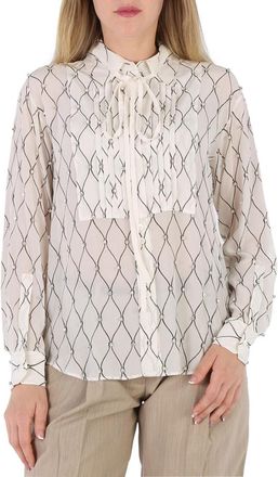 Burberry Net Print Crystal Detail Tie-neck Silk Shirt, Brand Size 10 (US Size 8)