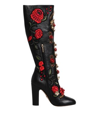 Dolce & Gabbana Womens Floral Embellished Kneehigh Boots - Black Leather - Size EU 39