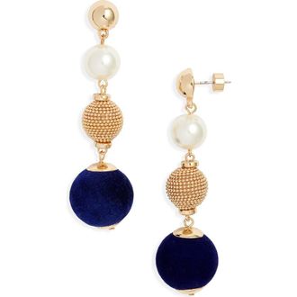 Nordstrom Orb Velvet & Faux Pearl Drop Earrings in Navy- Gold at Nordstrom Rack