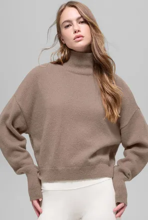 Alo | Wool Cashmere Cropped New Class Turtleneck Sweater Top in Chai Latte Brown, Size: Medium