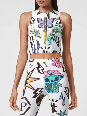 Philipp Plein Cropped Top in Technical Fabric with Graphic Print
