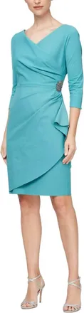 Alex Evenings Quarter Sleeves Surplice Bodice Sheath Dress In Teal