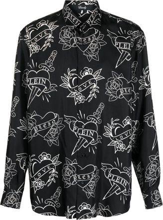 Philipp Plein logo-print shirt - men - Silk - XXXL - Black