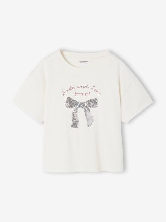 Vertbaudet M&auml;dchen T-Shirt mit Wendepailletten und Recycling-Baumwolle wollwei&szlig;