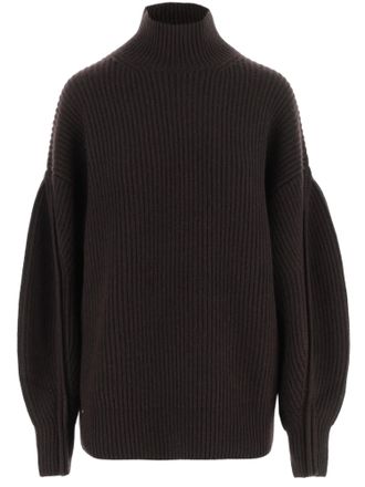Carven Brown Voluminous-Sleeve Ribbed Cashmere Turtleneck