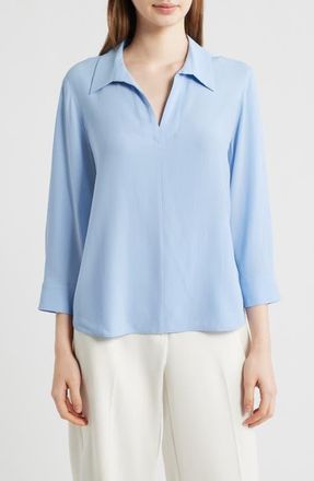 Eileen Fisher Split Neck Silk Georgette Top in Skylight at Nordstrom, Size Xx-Small