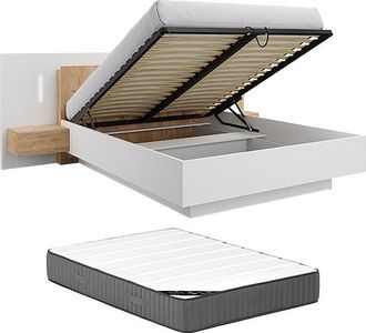 Vente-Unique Canap&eacute; abatible con mesitas de noche 160 x 200 cm - 2 cajones - Con LEDs - Color: Blanco y natural + Colch&oacute;n - FRANCOLI
