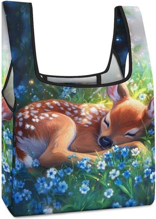 Generic Fawn Deer Flowers Shopping Bag Reusable Grocery Tote Bag Foldable Handbag for Travel Picnic