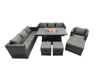 Fimous Rattan Garden Furniture Firepit Dining Set 10 Seater Lounge Sofa Table Set with 3 Footstool in Dark Grey