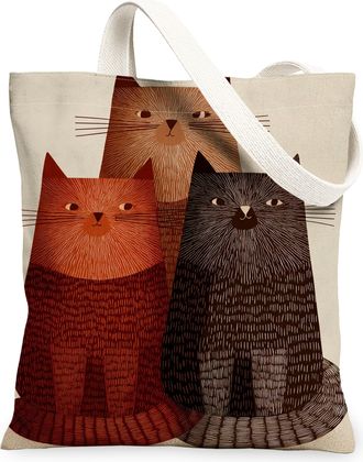Generic Artistic Cats Canvas Tote Bags, Vintage Cat Design Lightweight Washable Reusable Grocery Bags for Shopping Travel Beach, Brown, 13x15 Inch