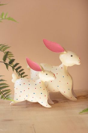 Kalalou Set Of Two Painted Iron Rabbits With Polka Dots