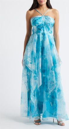 Eliza J Handkerchief Halter Evening Gown in Blue Multi at Nordstrom, Size 14