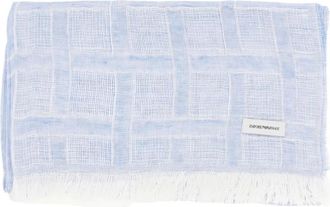 Emporio Armani Accessoires, Dames, Blauw, ONE Size, Linnen, Geruite Sjaal met Franjes