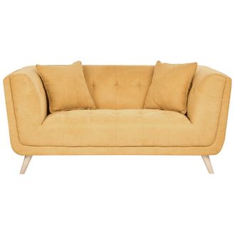 Beliani Sof&aacute; 2 Plazas De Tela Con Cojines Decorativos Patas De Madera Capiton&eacute; Estilo Retro Mostaza Habo