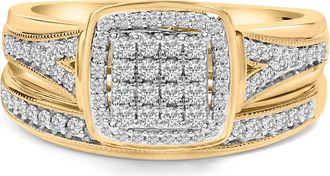 House of Brilliance 14K Yellow Gold Plated Sterling Silver 1/2 Cttw Diamond Square Cluster Bridal Set