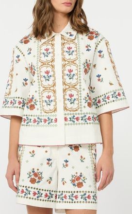 Max Mara Farsa Embroidery Detail Cotton Button-Up Shirt in White at Nordstrom, Size 10