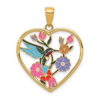 Diamond2Deal 14k Yellow Gold Enameled Hummingbird Flowers Heart Pendant