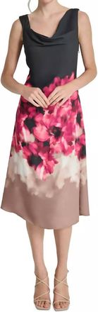 DKNY Womens Floral Asymmetric Cowlneck Midi Dress In Black & Pink