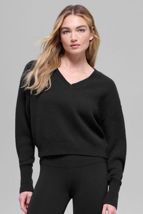 Alo | Wool Cashmere Cropped New Class V-Neck Sweater Top in Black, Size: Medium