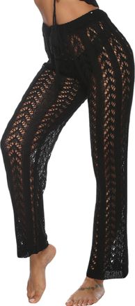 Feoya Women Crochet Trousers Beach Trousers Mesh Lace Pants Knit Swimsuit Bathing Suit Cover Up Trousers Hollow Out Black S