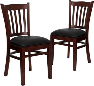 Flash Furniture 2 Pk. Mahogany Finished Vertical Slat Back Wooden Chair - Black Vinyl Seat
