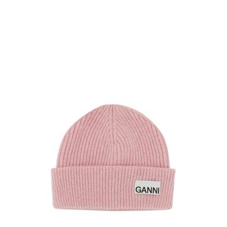 Ganni Fitted Rib Knit Wool Beanie - Dames - Hoeden - Roze - ONE Size - Wol - Accessoires