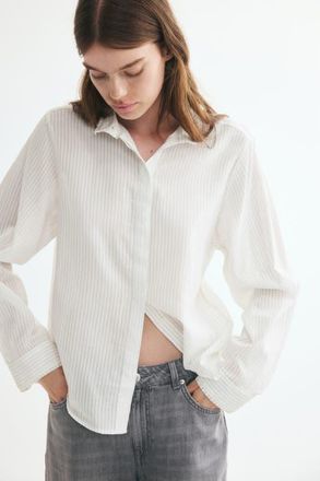 H&M Ruffle-trimmed Stand-up Collar Shirt in White/striped at Nordstrom, Size Xx-Large