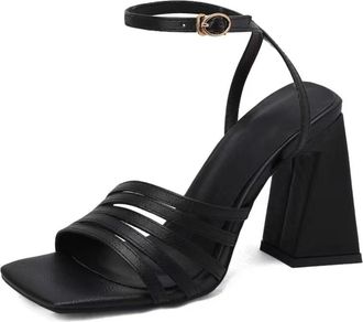 Generic Womens Square Open Toe Wedding Sandals Chunky High Heel Party Prom Pumps Cross Ankle Strap Bridal Shoes with Buckle,Black,6.5 UK