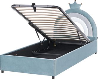 Beliani Cama Infantil Tapizada Moderna De Terciopelo 90 X 200 Cm Con Somier De Listones Espacio De Almacenaje Azul Grisetot