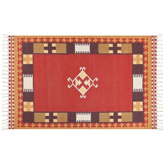 Beliani Beliani - Alfombra Kilim De Algod&oacute;n Rojo Marr&oacute;n Beige 140 X 200 Cm A Mano Geom&eacute;trico Borlas Parakar