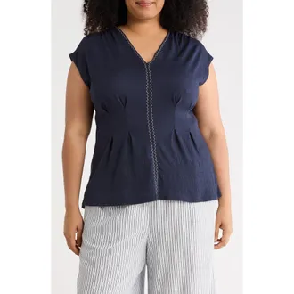 Max Studio Short Sleeve V-Neck Top in Navy-Navy at Nordstrom Rack, Size 2 X