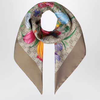 Gucci Silk twill carr&eacute; with GG Flora print in light brown
