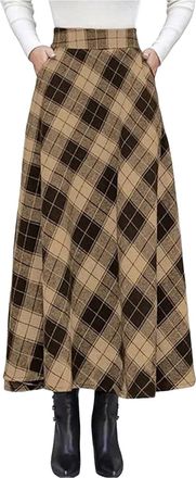 Generic Womens Vintage Classic Plaid A-line Maxi Skirts High Waist Long Skirt Fall/Winter Midi Swing Pleated Flared Skirts High Elastic Waist Retro Skirt Brow