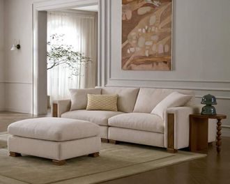 Castlery Tan France Kagan Sofa with Ottoman, Basketweave Cream, Modern Heritage Modular Sofa, Castlery