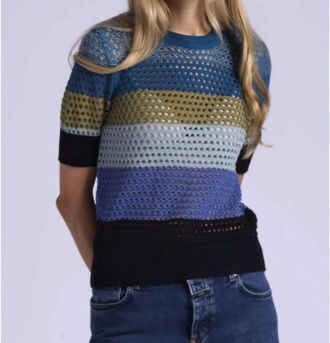 Minnie Rose Plaited Mesh Stripe Short Sleeve Crew Top In Cool Combo