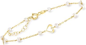 Canaria Canaria Italian 3-3.5mm Cultured Pearl and Heart Station Bracelet in 10kt Yellow Gold