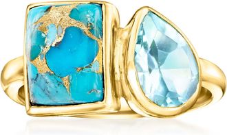 Ross-Simons Turquoise and Sky Blue Topaz Toi Et Moi Ring in 18kt Gold Over Sterling