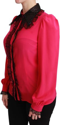 Dolce & Gabbana Womens Silk With Black Sequin Lace Trim Blouse Pink Elastane