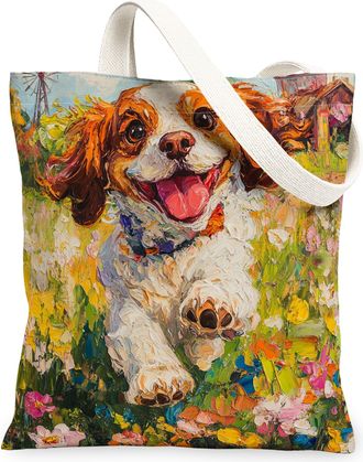 Generic Spring Cavalier King Charles Spaniel Dog Canvas Tote Bag for Shopping 13x15, Country Garden Puppy Reusable Grocery Print Pattern Bag for Women, Fun Pe