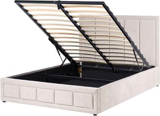 Beliani Cama Con Almacenaje Minimalista Cabecero Tapizado De Chenilla Base Elevable Con Somier De L&aacute;minas Dise&ntilde;o Acolchado Beige 140 X 200 Cm Quiberon