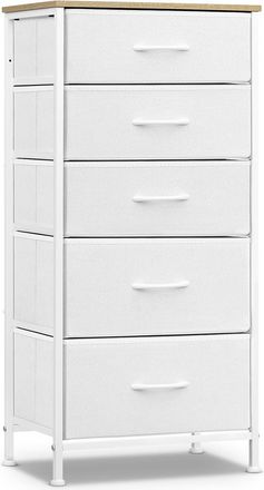 Woltu Woltu Cassettiera 5 Cassetti In Tessuto, Bianco Nuvola + Beige Rovere